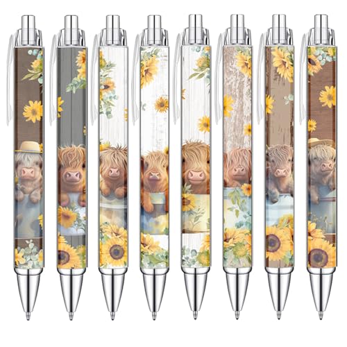 Idealmuzik 8 PCS Cute Highland Cow Print Pens, Cow Lovers Gifts, School Office Supplies, Gifts for Women Girls Teen Christmas New Year - style: Highland Cow