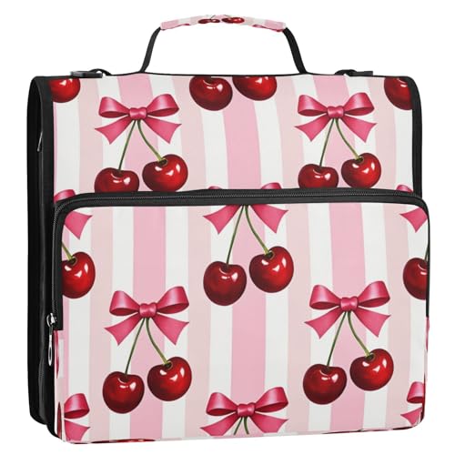 Zipper Binder 3 Ring Red Cherries Bows 1.5 inch D-Ring Binder Bag with Zipper Multiple Storage Expanding Pockets File Folder Document Organizer - color: Red Cherries Bows