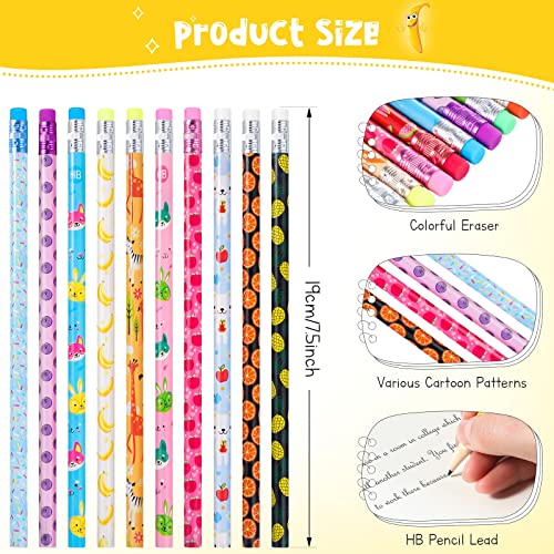 Epakh 100 Pieces Back to School Cartoon Wooden Pencils Bulk Colorful Cute Pattern Writing Pencils with Top Eraser Incentive Reward Gifts for Students Teacher Classroom Kids Party Supplies Favors
