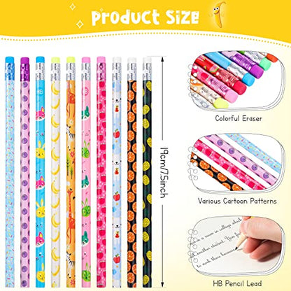 Epakh 100 Pieces Back to School Cartoon Wooden Pencils Bulk Colorful Cute Pattern Writing Pencils with Top Eraser Incentive Reward Gifts for Students Teacher Classroom Kids Party Supplies Favors
