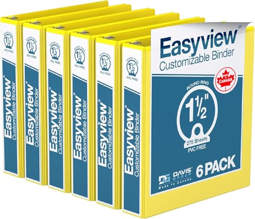 Easyview Premium 3-Ring Binders with Clear-View Covers and Round Rings, Binders for School or Office, 1.5 Inch, Pack of 6, Yellow - color: Yellow, size: 1.5 Inch, style: Pack of 6
