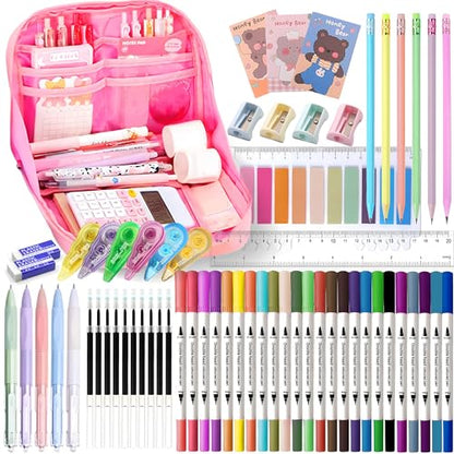 56 PCS Aesthetic School Supplies with Large Pencil Case, 24 Double Brush Marker Pens, 5 Black Ink Gel Pens, 6 Macaron Pencils, 4 Sharpeners, Sticky Notes, Ruler, Erasers, Stationery Gift - color: Pink
