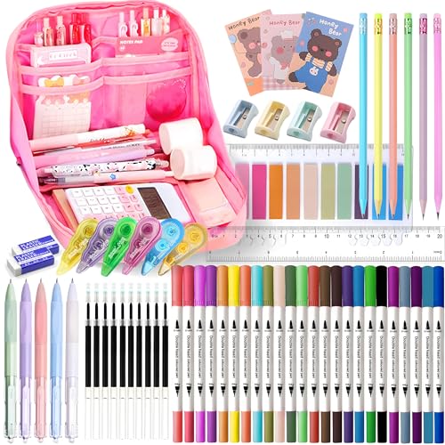56 PCS Aesthetic School Supplies with Large Pencil Case, 24 Double Brush Marker Pens, 5 Black Ink Gel Pens, 6 Macaron Pencils, 4 Sharpeners, Sticky Notes, Ruler, Erasers, Stationery Gift - color: Pink