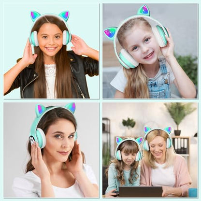 Cat Ear Bluetooth Kids Headphones, LED Lights, Foldable, Green | Wireless Bluetooth 5.0, foldable design, built-in mic & TF card slot, adjustable comfort, ideal for kids' learning & play. - color: Green