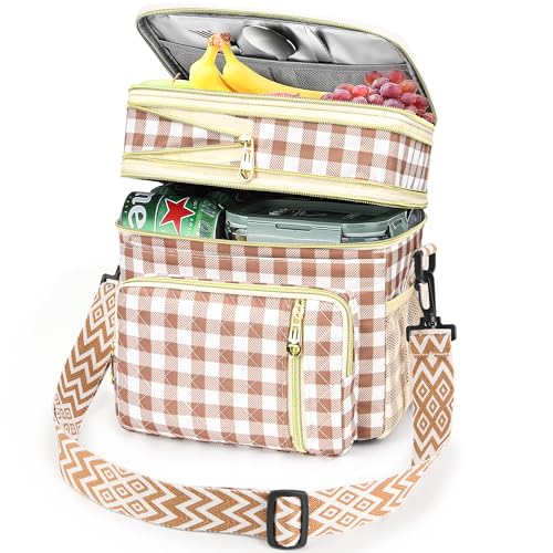 LOKASS Lunch Box for Women-16L-Insulated Lunch Bag Women, Expandable Double-layer Leakproof Cooler Bag with Upgrade Adjustable Shoulder Strap Ideal for Work/Travel/Picnics（Brown&White Check） - color: Brown&White Check