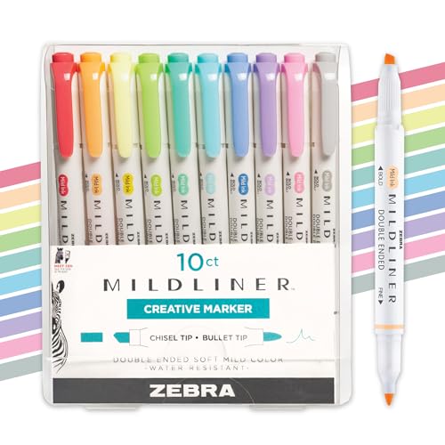 Zebra Pen Mildliner Dual-Tip Highlighter Marker Set, Broad and Fine Tips, No Bleed, Ideal for Bible Highlighting, Journaling and Note-Taking, Fluorescent and Cool Ink Colors, 10-Pack (78101) - color: Fluorescent B, size: 10 Count (Pack of 1)