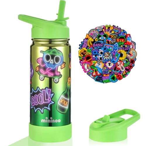 Mininoo Kids Water Bottle for School, 16oz Metal Insulated Water Bottle Kids with Straw Lid for Girls, Boys - color: 16oz Specular Lemon/Green, size: 16 Ounces