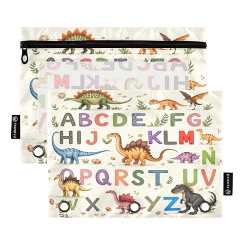 Gredecor Binder Pencil Pouch 3 Ring Alphabets with Dinosaurs Zipper Pencil Pouches Case 2 Pack Clear Binder Organizer for Kids School Office - color: Alphabets With Dinosaurs