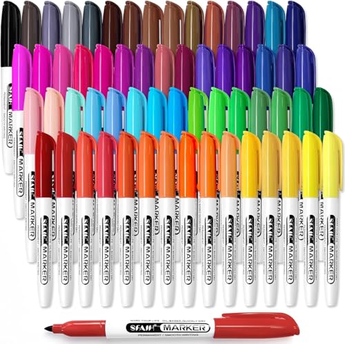SFAIH 60 Colors Permanent Markers - Assorted Vibrant Colors, Quick Drying, Fade Resistant, Alcohol-Based Fine Tip Permanent Markers for Paper Plastic Wood, Coloring Book, Drawing Doodling, Waterproof - color: 60 Colors