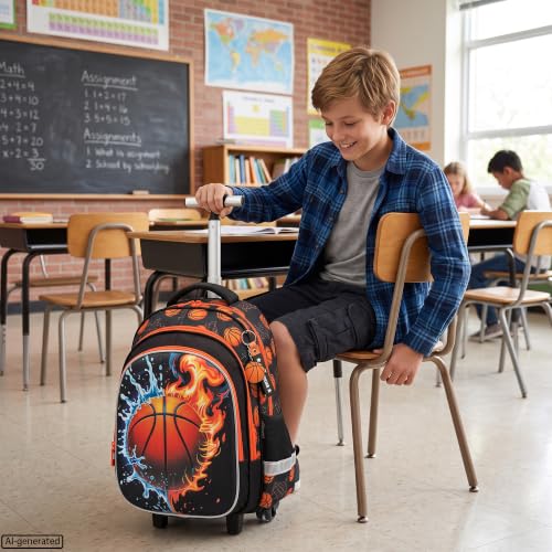 Meetbelify Rolling Backpack for Boys Basketball Backpack with Wheels Kids Roller Suitcase Travel Luggage for Elementary Student Ages 6-8 - color: Basketball