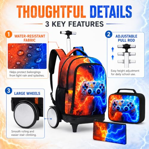 AGSDON Quiet Rolling Backpack with Lunch Box Set – Large‑Wheel Water‑Resistant Wheeled Bag for School, Outings, and Travel | Fire-Lightning Gaming 3‑Piece Organizer Backpack - color: Big Wheel Rolling Backpack Fire-lightning Gaming