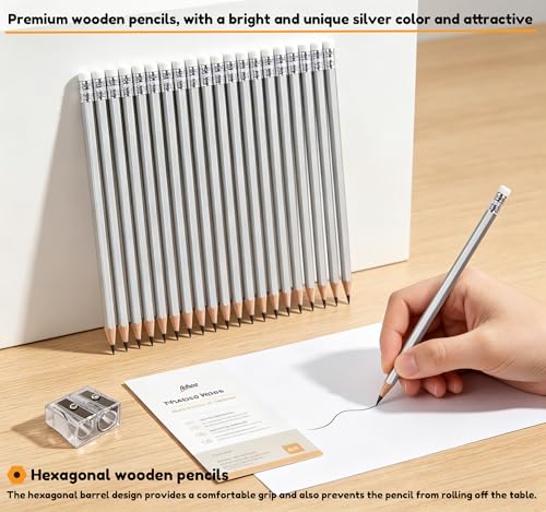 Adhere 25pcs Woodcase Pencils with Eraser Premium Pre-Sharpened Hexagon Graphite 2B pencils ideal for home, office writing including a Free Sharpener (Silver・25pcs) - color: Silver・25pcs