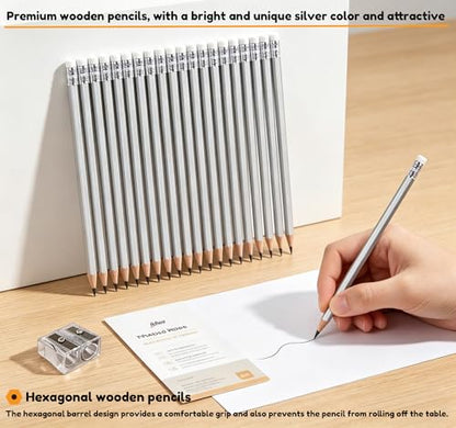 Adhere 25pcs Woodcase Pencils with Eraser Premium Pre-Sharpened Hexagon Graphite 2B pencils ideal for home, office writing including a Free Sharpener (Silver・25pcs) - color: Silver・25pcs