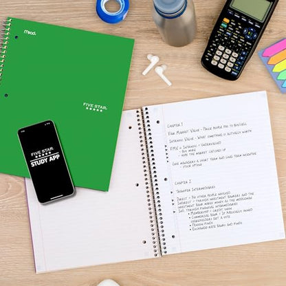 Five Star Spiral Notebook + Study App, 3 Subject, College Ruled Paper, Fights Ink Bleed, Water Resistant Cover, 8-1/2" x 11", 150 Sheets, Green (72067) - color: Green, size: 1 Count (Pack of 1)