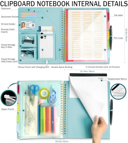 Blue Foldable Spiral Clipboard Folio with Storage Zipper Pouch, 5 Plastic Folders with Pockets,Refillable Lined Notepad (8.5" x 11"), Hardcover Project Organizer with 39 Stickers - color: Blue