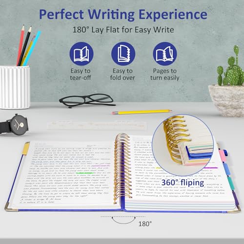Hardcover Spiral Notebook Journal with Removable PVC Dividers - 8'' x 10'' Large 100 GSM Paper B5 Notebooks with Tabs, 300 Pages Leather 5 Subject Notebook College Ruled for Work School Notes, Blue - color: Blue