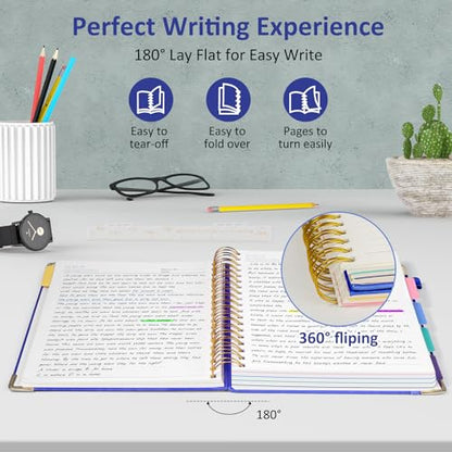 Hardcover Spiral Notebook Journal with Removable PVC Dividers - 8'' x 10'' Large 100 GSM Paper B5 Notebooks with Tabs, 300 Pages Leather 5 Subject Notebook College Ruled for Work School Notes, Blue - color: Blue