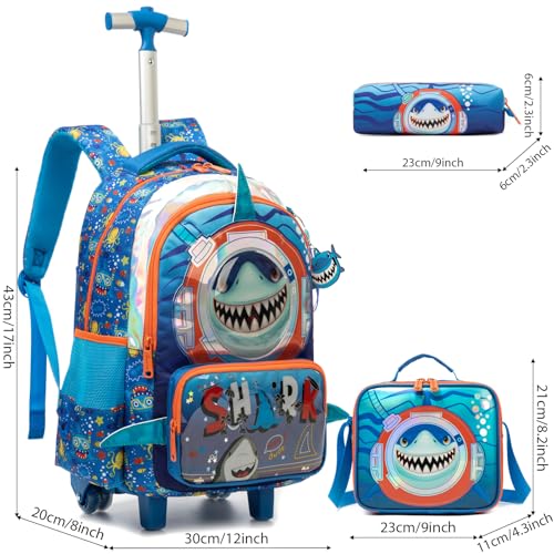 Kids Rolling Backpack for Boys Shark Trolley Suitcases Luggage with Wheels Bookbag Wheeled 3pcs Preschool Students Elementary Teenagers Lunch Box Pencil Case Blue for Age 5-10 - color: Blue-0201-shayu