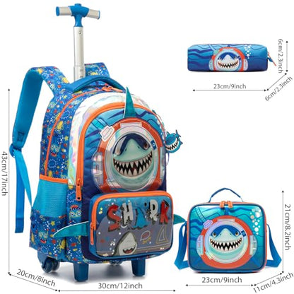 Kids Rolling Backpack for Boys Shark Trolley Suitcases Luggage with Wheels Bookbag Wheeled 3pcs Preschool Students Elementary Teenagers Lunch Box Pencil Case Blue for Age 5-10 - color: Blue-0201-shayu