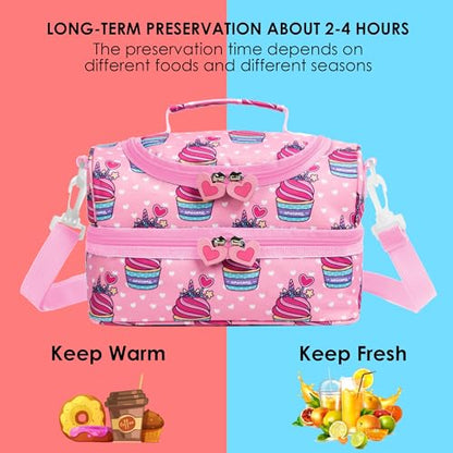 Insulated Kids Dual Compartment Lunch Bags Tote for Girls Boys Toddler Lunch Boxes Pre-School Toddler Kindergarten Picnic Camp Food Cooler Thermal with Strap (Pink Unicake) - color: Pink Unicake