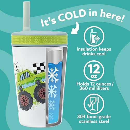 Nuby Thirsty Kids Insulated Toddler Cup with Silicone Flexstraw - 12 oz - Stainless Steel and Leak-Resistant - 18+ Months - Monster Trucks - color: Monster Trucks