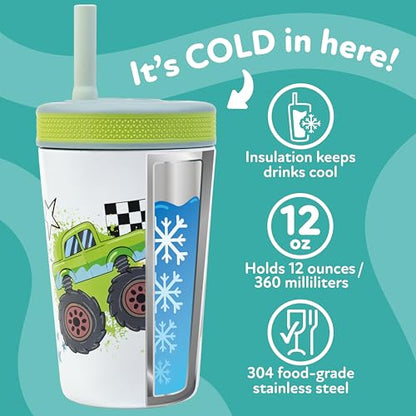 Nuby Thirsty Kids Insulated Toddler Cup with Silicone Flexstraw - 12 oz - Stainless Steel and Leak-Resistant - 18+ Months - Monster Trucks - color: Monster Trucks