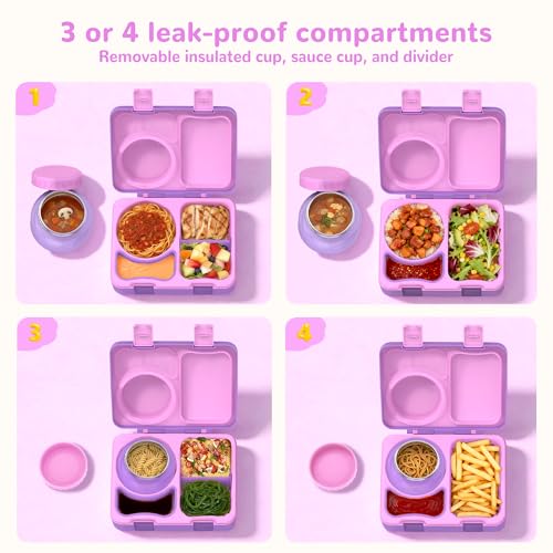 Bento Box for Kids, Leakproof Kids Bento Lunch Box Container with 8oz Insulated Thermo Food Jar, Sauce Jar, Utensil, DIY Stickers for School Boys Girls, 3-4 Compartments, BPA-Free - color: Purple
