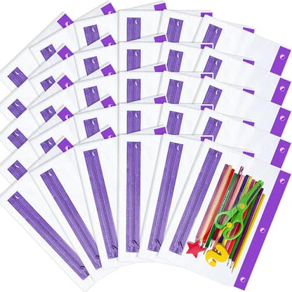 Feifeiya 30 Pcs Pencil Pouches with Zipper Clear Binder Pencil Pouches for 3 Ring Binder Bags Bulk for Office Supplies (Purple) - color: Purple