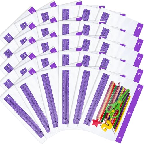 Feifeiya 30 Pcs Pencil Pouches with Zipper Clear Binder Pencil Pouches for 3 Ring Binder Bags Bulk for Office Supplies (Purple) - color: Purple
