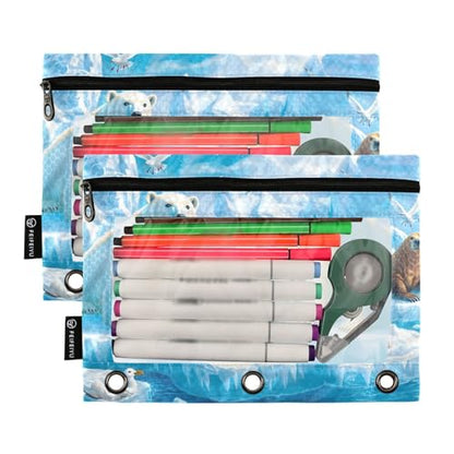 2 Pack Pencil Pouch for 3 Ring Binder Polar Bear Pencil Case Pouch with Clear Window Zipper Binder Pencil Pouches Pen Bag for Office School Supplies - color: Polar Bear