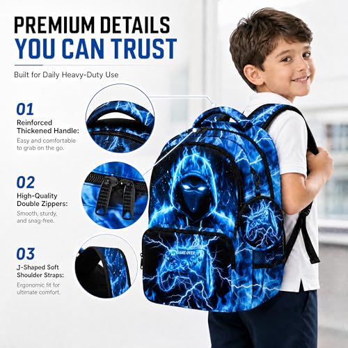 Game Backpack Set for Boys Kids, Gaming Kids Boys Backpack with Lunch Box, Pencil Bag and Coin Purse. Game School Bag 17" (Blue) - color: Blue-2