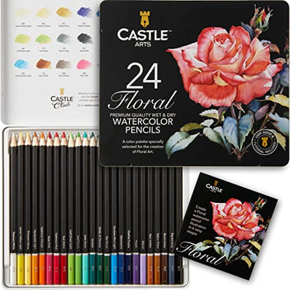 Castle Art Supplies “Botanical” Themed Watercolour Pencils Set | 24 Premium Quality, Selected Vibrant Colours | Draw and Paint at the Same Time | For Adult Artists and Gifting | In Special Tin Box