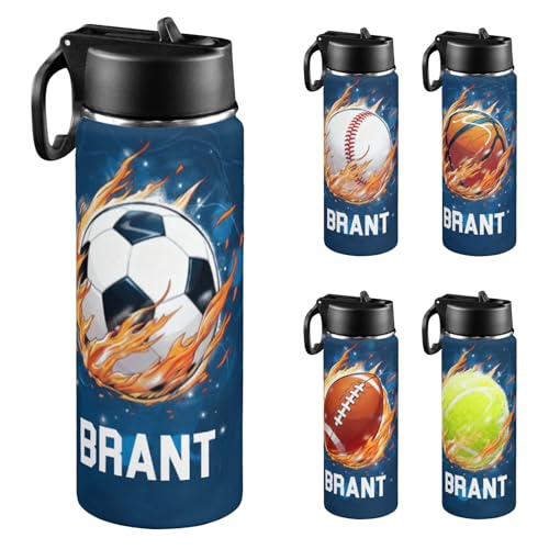 Personalized Water Bottle for Kids for School, Customized Kids Insulated Bottle with Name for Boys, Stainless Steel Thermo with Straw, 18oz,Basketball Soccer Baseball Football Tennis Volleyball - color: Sports01