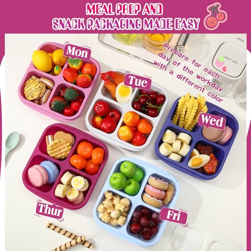 Honeydak 5 Pack Snack Containers 4 Compartment Bento Snack Boxes Reusable Lunchable Containers with Lids Divided Meal Prep Lunch Food Storage Box for School Work Travel(Elderberry,Equal) - color: Elderberry, style: Equal