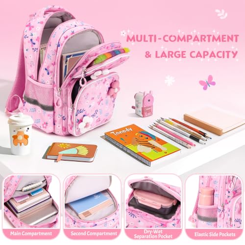 Kids Backpack for Girls 4-8, Cute 3D Soft Flower Toddler Backpack with 34oz Lunch Box, Insulated Bag, Pen Case & Utensils, School Bookbag for Preschool Kindergarten Elementary Student - color: Flowers