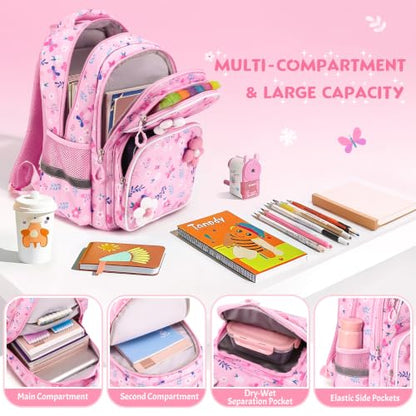Kids Backpack for Girls 4-8, Cute 3D Soft Flower Toddler Backpack with 34oz Lunch Box, Insulated Bag, Pen Case & Utensils, School Bookbag for Preschool Kindergarten Elementary Student - color: Flowers