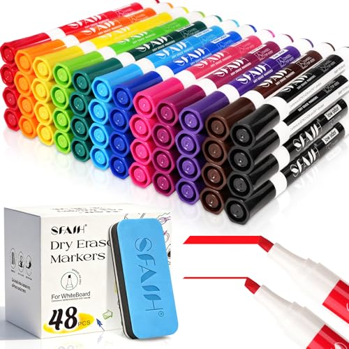 SFAIH Dry Erase Markers Chisel Tip with Magnetic Whiteboard Eraser, 48 Bulk 12 Colors White Board Markers for School Office, Versatile Lines,1s Quickly Dry, Spring Craft Supplies for Teachers - color: 12 Colors, size: 1 Count (Pack of 48)