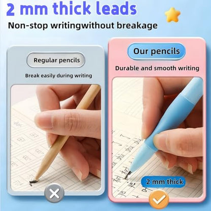 2.0mm Mechanical Pencil Set: 2 Pack Fat Grip Pencils for Kids with 14 Leads | Soft silicone grips, 14 HB lead refills and built-in sharpeners support preschool handwriting, drawing and beginner practice. - style: 2 pack blue&yello