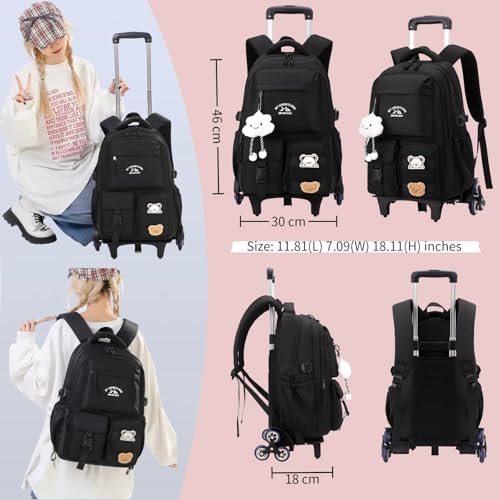 Black Rolling Backpack with Wheels for Girls Boys, Kids Roller Wheeled Backpack Middle School Bag, Trolley Rolling Bookbag on 6 Wheels - color: 6 Wheels Black