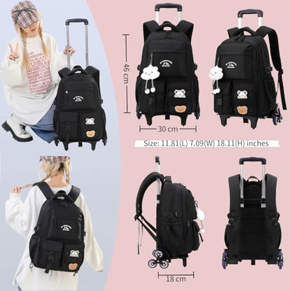 Black Rolling Backpack with Wheels for Girls Boys, Kids Roller Wheeled Backpack Middle School Bag, Trolley Rolling Bookbag on 6 Wheels - color: 6 Wheels Black