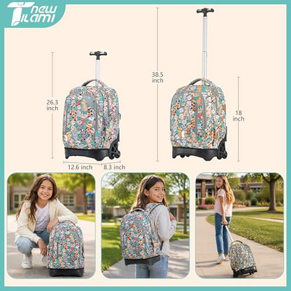 NEW TILAMI Kids 18 inch Rolling Backpack - Durable Waterproof Large Capacity Adjustable Handle Stair Climbing Design for Boys & Girls, Cats Cute - color: Cats Cute