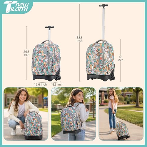 NEW TILAMI Rolling Backpack for Boy Suitcase School Adjustable Laptop Backpack with Wheels for Girl to School Travel Camping Boys Backpack Cute Cats 18 Inches | Water-Resistant Adjustable Trolley Handle Padded Back Panel Multiple Compartments Daily School