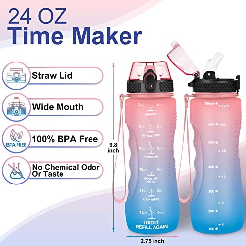 24 OZ Motivational Kids Water Bottle With Time Marker,Straw Lid,Leak Proof, Tritan BPA Free Sports Water Bottle Pink-Blue(1 Lid) - color: Pink Blue