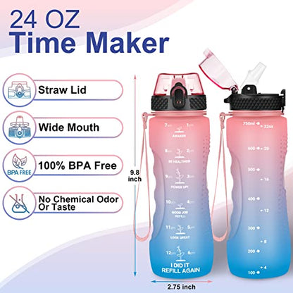24 OZ Motivational Kids Water Bottle With Time Marker,Straw Lid,Leak Proof, Tritan BPA Free Sports Water Bottle Pink-Blue(1 Lid) - color: Pink Blue