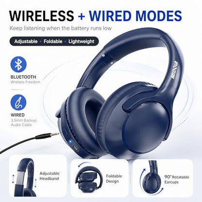 MIDOLA Bluetooth Headphones Over Ear, 68H Playtime Wireless Headphones with Microphone, 6 EQ Modes, HiFi Stereo Deep Bass, Foldable Lightweight Headset for Home Office, Cellphone, PC, Blue - color: Blue