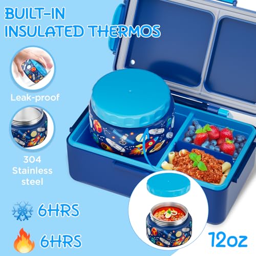 SHPMXUPW Kids Bento Lunch Box – 12 oz Stainless‑Steel Soup Thermo & 3‑Compartment Leak‑Proof Food Container with Built‑In Ice Pack, Insulated Food Jar for Boys & Girls, School & Travel - color: Blue-Universe