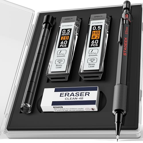 STAGEEK Mechanical Pencils 0.5 with Case, Metal Weatherproof Body Outdoor Artist Mechanical Pencil with 120 PCS HB & 2B Lead Refills, Eraser, for Writing Drafting Drawing and Sketching - size: 0.5 MM, style: 13 PCS