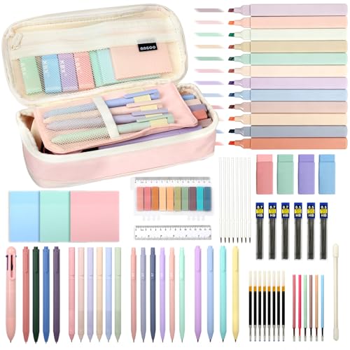 72 PCS Pink Pencil Case with Supplies, Back to School Supplies | Aesthetic School Supplies, Stationery Set for College, 12 Highlighters, 10 Gel Pens, 6 Mechanical Pencils