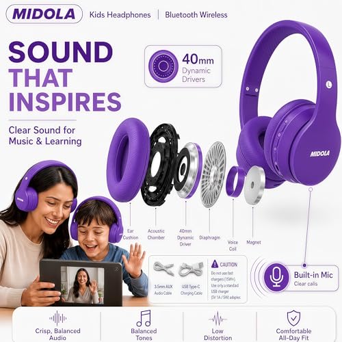 MIDOLA Kids Bluetooth Headphones 68H Play Time,Volume Limit 85/94dB, Foldable Lightweight Wireless Over-Ear Headphone for Kid Toddler Child Pad Tablet,Headsets with Built-in Mic Purple - color: Purple
