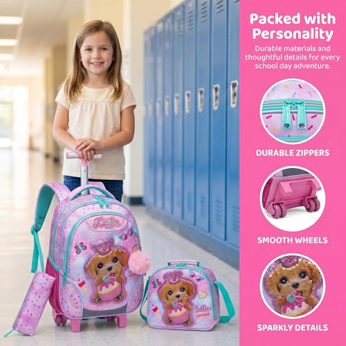 Kids Rolling Backpack for Girls Plush Material Dog Trolley Suitcases Luggage with Wheels Bookbag Wheeled 3pcs on Lunch Box Pencil Case Elementary Teenagers Pink for Girls Age 5-12 - color: Pink-0130-maoronggou